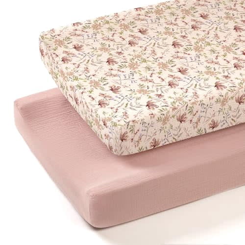 Muslin Changing Pad Cover: 2-Pack Soft Breathable Cotton Boho Floral Print for Baby Girls - Nursery & Baby Shower P-Sand & Flower