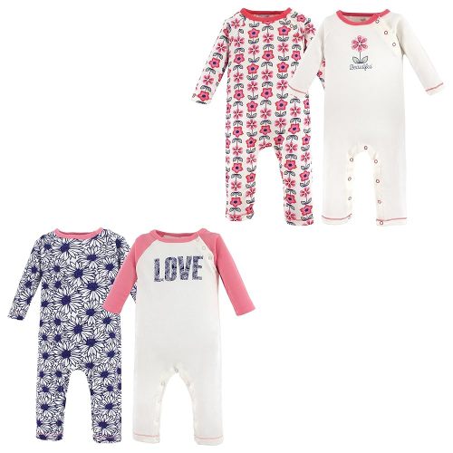 Touched by Nature Baby Organic Cotton Coveralls, Daisy Flowers 4-Pack, 18-24 Months