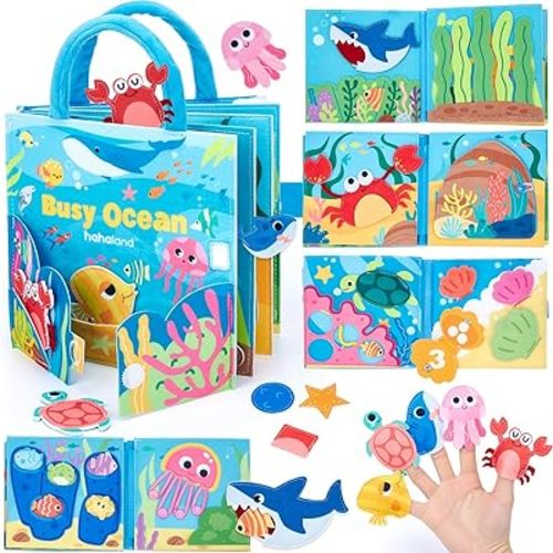 hahaland Ocean Busy Book for Toddlers 1-3, Montessori Toys Sensory Activity Busy Board, Travel Toy for 1 2 3 Year Old Boys Girls, Educational Fine Motor Skills Learning Toy, Toddler Birthday Gift