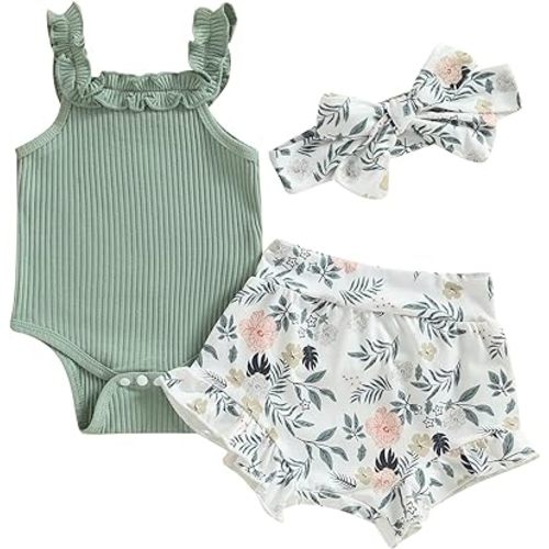 CIYCUIT Newborn Baby Girl Summer Clothes Ruffle Sleeveless Ribbed Top Bloomers Shorts Set