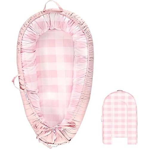 DILIMI Baby Lounger Cover, Cotton Baby Nest Replacement Cover for Girls Boys, Soft Breathable Reversible Newborn Lounger Cover, Pink Checkered (Only Cover)