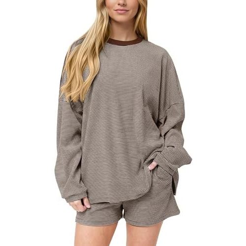 MISSACTIVER Women's Striped Lounge Set Long Sleeve Tee Shirts Drawstring Wide Leg Shorts Matching 2 Piece Pajamas Set