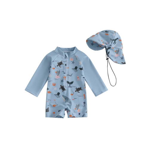 Loicainy Baby Toddler Boys Long Sleeve Swimwear 3 6 12 18 24 Months 2T 3T Casual Marine Animal Print Zipper Rash Guard Swimsuit and Hat Beachwear Bathing Suit