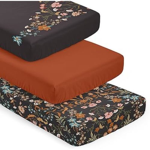 Sweet Jojo Designs 3-Piece Baby Crib Sheets Set (Black Boho Wildflower Vintage Floral) for Girls, Infant Nursery, Toddler Room - Fitted, Standard Size (Solid Rust Orange & Bohemian, Farmhouse, Leaves)