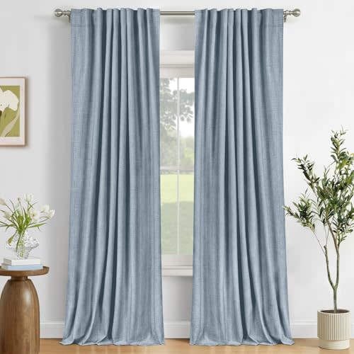 Faux Linen Total Blackout Curtains for Bedroom 102 Inches Long, Dusty Blue | 100% Blackout Shield, Back Tab/Rod Pocket Living Room Drapes, Thermal Insulated Blackout Curtains 2 Panels Set, 50"W x 102"L