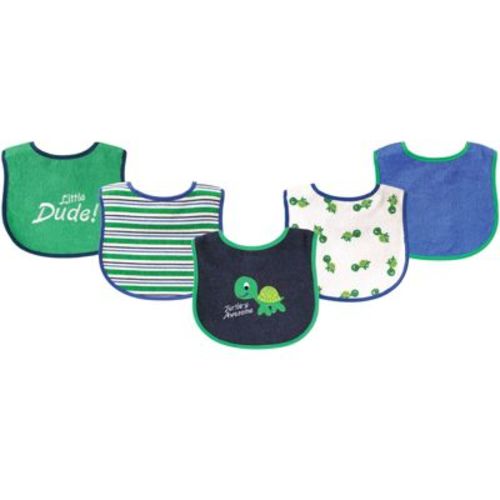 Luvable Friends Baby Boy Cotton Terry Drooler Bibs with PEVA Back 5pk, Turtle, One Size