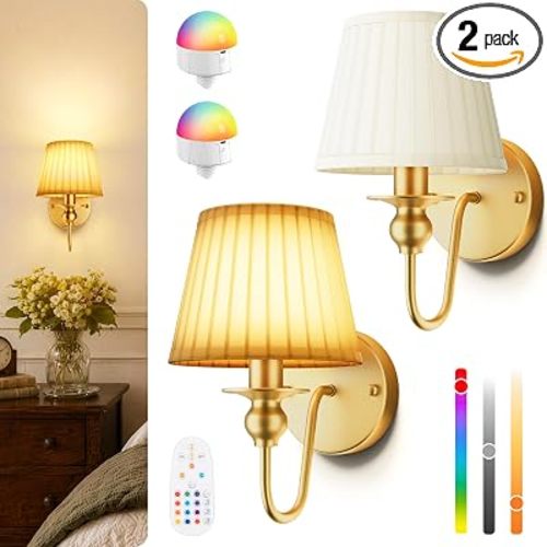 Battery Operated Wall Sconces Set of 2, Gold Cordless Wall Lights with 6000mAh Rechargeable Magnetic Bulbs and Remote, Dimmable & 15 RGB Colors Wall Lamps for Bedroom Living Room Hallway