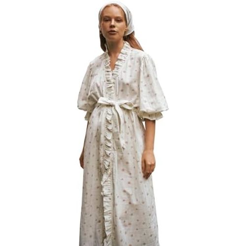 NOTHING FITS BUT Muslin Gauze Maternity Robe for Hospital, Nursing Nightgown Puffed Sleeves Cotton Delivery Gown