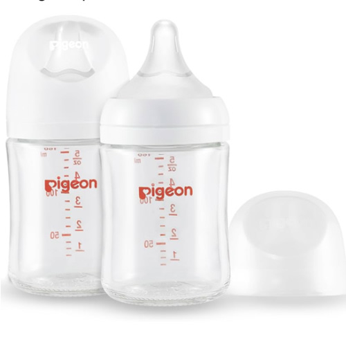 Pigeon Glass Nursing Bottle Wide Neck, Anti-Colic, Streamlined Body, Natural Feel, Easy to Clean, Heat-Resistant, 5.4 Oz(Pack of 2), Includes 2pcs SS Nipples (0m+)