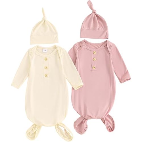 Newborn Knotted Gown 2 Pack Plain Sleeper for Baby Boy Girl Coming Home Outfit