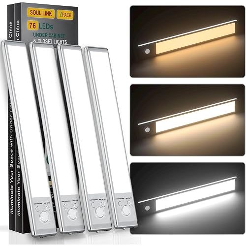Under Cabinet Lights, 76 LED Operated Motion Sensor Light Indoor, 1500mAh USB Rechargeable Closet Lights, 4 Pack Magnetic Dimmable Wireless Under Counter Lights for Kitchen, Stairs