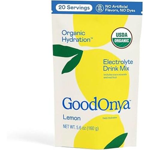 GOODONYA Organic Hydration Electrolyte Drink Mix, Certified Organic Hydration Powder, Non-GMO, Biochecked Glyphosate Free, Low Sugar, Lemonade Flavor, No Artificial Flavors, 20 Servings