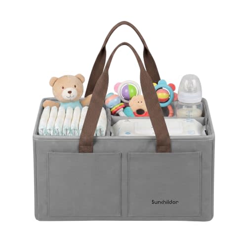 Large Canvas Baby Diaper Caddy Organizer - Gray | 6 Pockets & Removable Dividers For Newborn Essentials, Portable Nursery Storage Basket For Baby Shower, Baby Registry