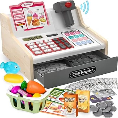 Rechargeable Wooden Kids Cash Register with Scanner, Pretend Play Cash Register Toy with Fake Money, Food, Credit Card, Toddler Boys Girls Age 2-4 4-8
