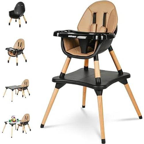 Gofirst 6 in 1 Convertible Wooden High Chair for Babies and Toddlers - Infant Dining Booster Seat With Building Block Table and 4-Position Removable Feeding Chair