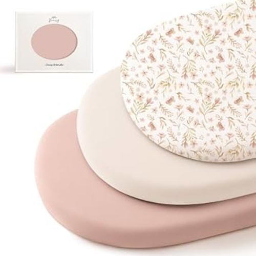 Konssy 3 Pack Stretchy Bassinet Sheets for Baby Girl Boy, Soft Breathable Baby Bassinet Mattress Sheets Fit for Hourglass Oval Cradle, Moses Basket Rectangle Mattress (Pink Spring)