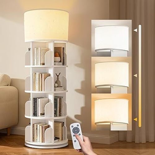 Rotating Bookshelf Tower with Lights, Revolving Swivel Bookcase for Small Space, Rotating Wooden Corner Bookshelves for Kids' Room, Bedroom，Living Room, White