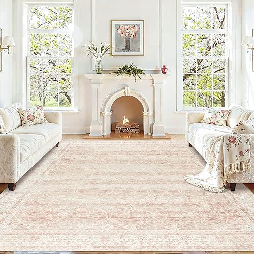 Washable 9x12 Area Rugs for Living Room Big Girls Bedroom Clearance Blush Pink Soft Faux Wool Neutral Boho Floral Extra Large Area Rug for Nursery,9 by 12