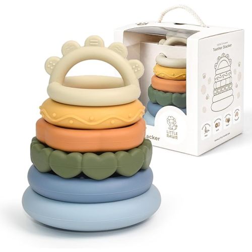 2-in-1 Silicone Baby Stacking Rings and Teething Toy, Rainbow
