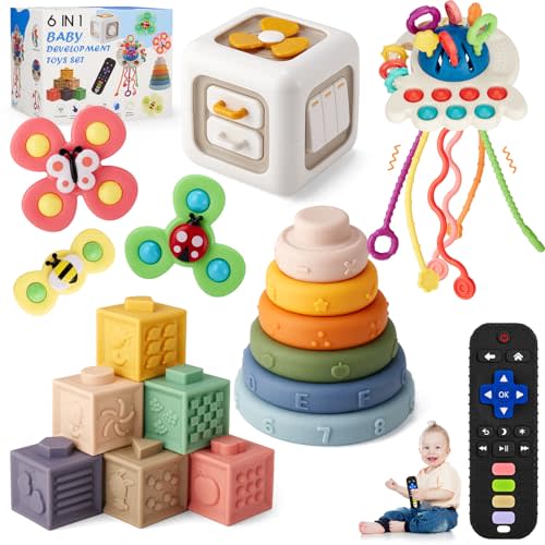 18Pcs Baby Toys 3-6-12 Months, Montessori Toys for Babies Newborn Teether Sorting Stacking Blocks Spinner Toy Activity Cube Pull Push Sensory Toy for Toddlers 1-2-3 Years