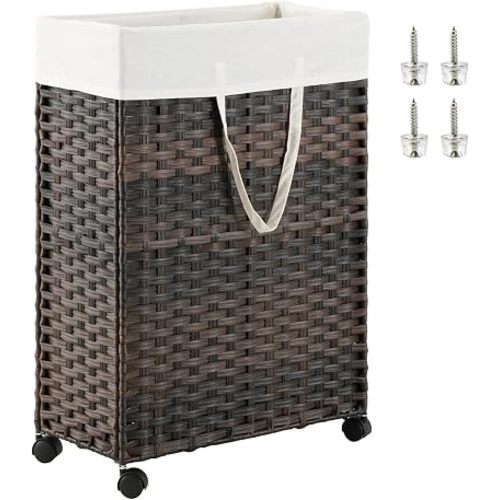 SETVSON 100L Large Slim Laundry Hamper with Wheels Narrow Hamper Brown