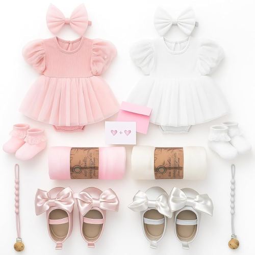 Baby Girl Twin Gift Set,Baby Twin Gifts,Newborn Twin Baby Essentials Include Baby Girl Dresses, Headbands, Shoes, Socks, Swaddles & Pacifier Clips,Baby Shower Gifts for Twins Girls,White,Pink