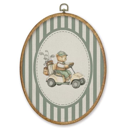 CGBHW Vintage Golf Bear Nursery Oval Wall Art Decor, Sports Canvas Prints Framed, Green Striped Bear Driving Golf Car Wall Art Hanging Decor for Home Kitchen Kids Boy Nursery Room Bedroom Playroom, 8.6x11.4 Inch