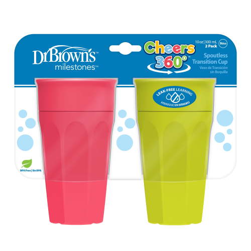 Dr. Brown's Milestones Cheers 360 Training Cup for Toddlers & Babies, Leak-Free Sippy Cup, Pink & Turquoise, 10 oz/300 ml, 9m+, 2 Pack (Colors May Vary)