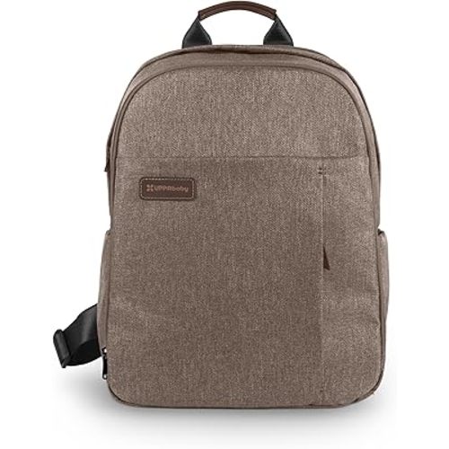 UPPAbaby Changing Backpack - Multiple Storage Compartments - Side Bottle + Laptop Pockets - Trolley Sleeve - Stroller Strap Attachment - Owen - Mocha Mélange | Chestnut Leather