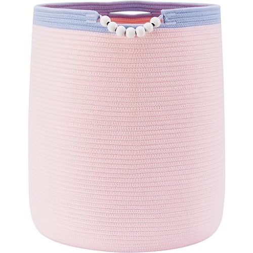 90L Large Pink Woven Rope Laundry Hamper Basket for Clohtes Boho Tall Rope Baskets for Blanket Baby Nursery Hamper for Girls Kids 17"Wide 22"Tall