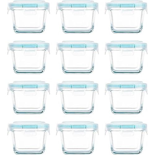 Mini Glass Food Storage Containers - 12 Pack 5.4 oz Small Glass Jars with Locking Lids - Square Food Containers - Microwave Dishwasher Safe