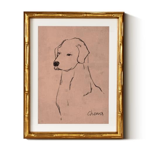 InSimSea Gold Bamboo Framed Canvas Wall Art, Minimalist Dog Sketch Animal Paintings, Antique Vintage Picture Frame with Mat, Victorian Home Wall Decor for Living Room Bedroom Gallery, 11x14inch