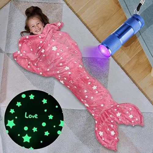 Mermaid Tail Blanket for Girls, Glow in The Dark Mermaid Sleeping Bag, Snuggle Girls Throw, Plush Cozy Soft Fleece Blanket for age 2-12, Valentine's Day Gifts for Kids Birthday Gift for Daughter, Pink
