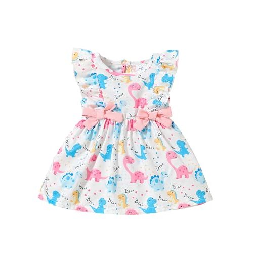 Mioglrie Baby Girl Dress Summer Clothes Infant Outfits Ruffle Sundress | 3 6 9 12 18 24 Month Girl Clothes, Ruffle Fly Sleeve, All‑Over Print With Bow Decor, Soft Fabric, Casual Daily Wear
