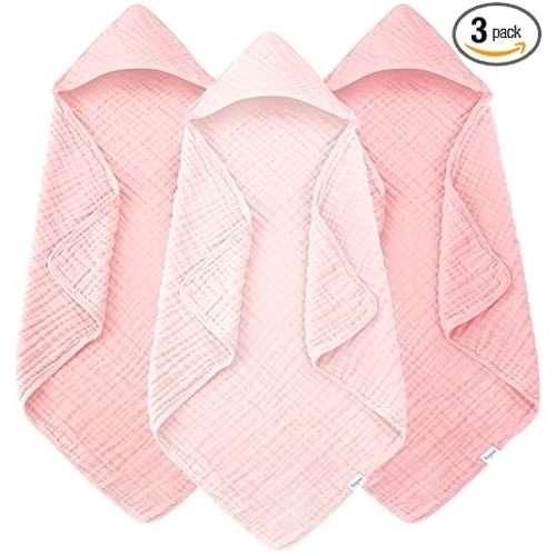 Muslin Hooded Baby Bath Towels - 3 Pack 100% Cotton Ultra-Soft Towels for Newborns, Infants, Toddlers - 32x32 Inch - Highly Absorbent, Quick-Dry Essentials for Bath Time, Beach, Pool, Pink Series