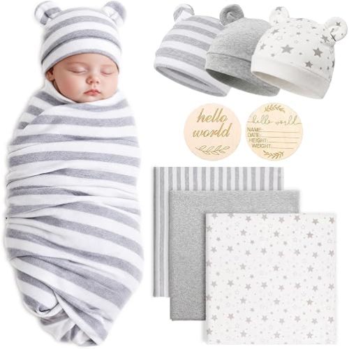 AQOKKA Baby Receiving Blankets Bear Ears Hats Set 0-3 Months