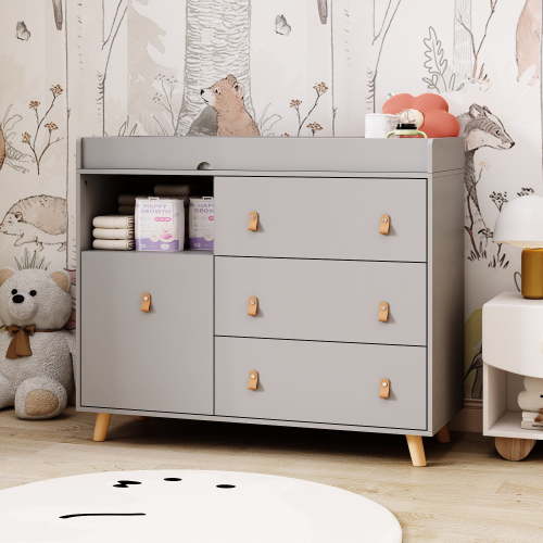 KULAGAGA Changing Table Dresser, Baby Nursery Dresser with 3 Drawers and Shelf, Top Guardrail and Large Storage Cabinet, Hidden Trash Storage, Baby Changing Dressers for Nursery Room, Gray