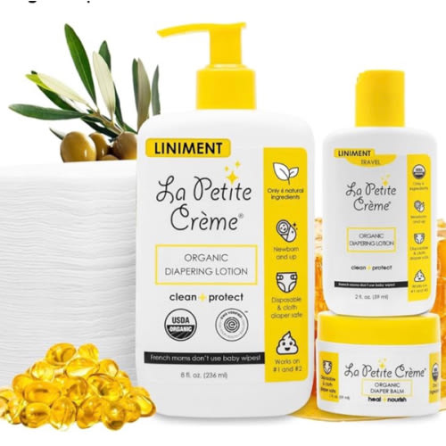 La Petite Creme Premium French Diapering Gift Set: Includes Organic Diapering Lotion (8 oz), Travel-size Liniment Baby Lotion (2 oz), 1 Travel-size Diaper Balm (1 oz), 50 Disposable Cotton Pads