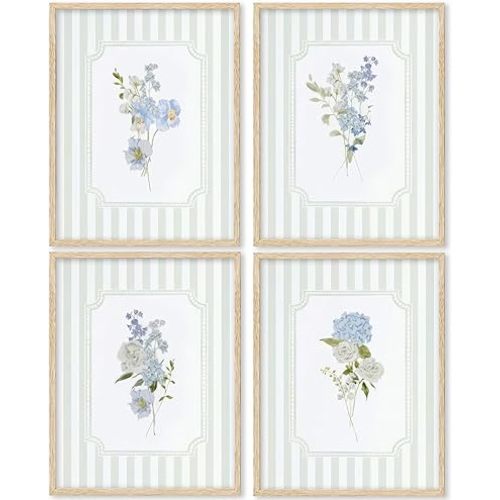 Blue White Florals Wall Art Sage Green Striped Hydrangea Pictures Wall Decor White Roses Posters Grandmillennial Rustic Farmhouse Wildflowers Painting Print Artwork for Nursery Living Room, Unframed