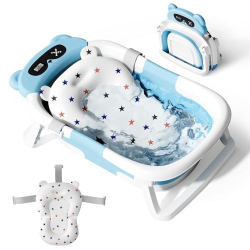 Kerbwry Collapsible Baby Bathtub for Newborn to Toddler (0-18 Months) - Foldable Baby Bath Tub with Soft Towel, Newborn& Infant Bathtub for Travel and Outdoor, Brown
