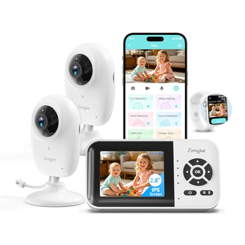 Simyke Smart Baby Monitor with 2 Cameras and Audio,App,Long Range,Night Vision,Temperature Sensor,2 Way Talk, Feeding Clock and lullabies,Home Use