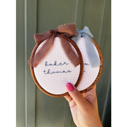 Blue Thread Hand Embroidered Gingham Name Hoop: Custom Nursery Decor
