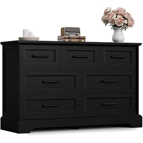 Furmax Farmhouse Dresser for Bedroom, 7 Drawers Dresser, Wood Chest of Drawers, 47.5" Wide Storage Dressers Organizer for Bedroom, Living Room, Black