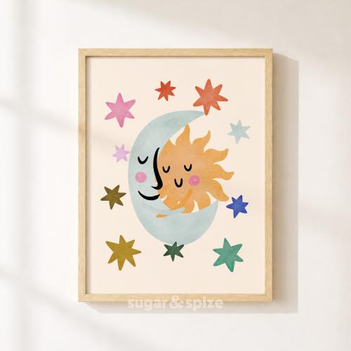 Sun And Moon Print, Colorful Kids Playroom Poster, Toddler Wall Decor, UNFRAMED