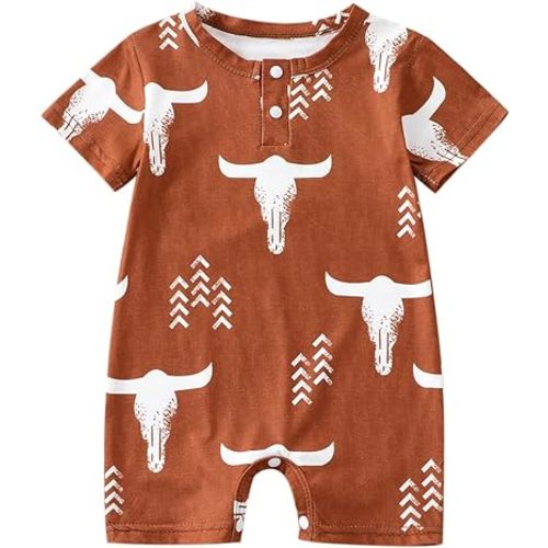 Baby Boy Girl Western Clothes Romper Short Sleeve Bodysuit Cow Print Jumpsuit Playsuit Ribbed Jumpsuit Summer Outfit