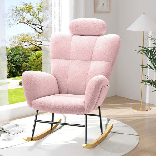 UHOMEPRO Modern Teddy Fabric Rocking Chair, Accent Rocker Chair with High Backrest, Accent Glider Rocker for Living Room Bedroom Playroom, Pink
