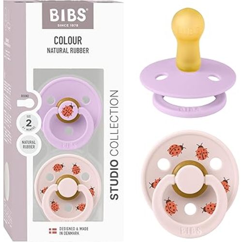 BIBS Studio Soother 2-Pack, BPA Free Dummy Pacifier, Round Nipple. Natural Rubber Latex, Made in Denmark, Size 2 (6-18 Months), Violet Sky/Petal