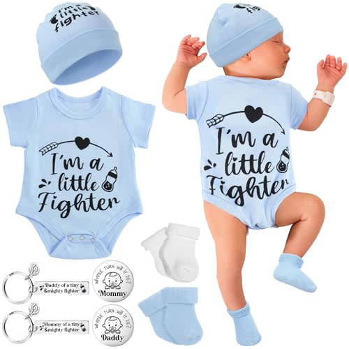Toulite NICU Preemie Baby Gift Set I'm Little Fighter Preemie Baby Hat and Bodysuit Cotton Socks with Keychain Coin (Light Blue)
