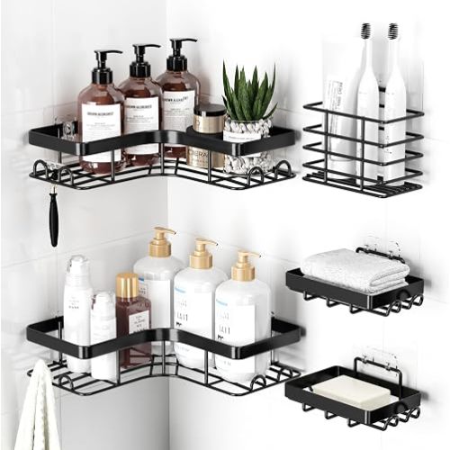 Sakugi Corner Shower Caddy, Large, 5-Pack, Soap & Toothbrush Holder, Black