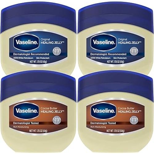 Vaseline Original & Cocoa Butter Healing Jelly Travel-Size Variety 4-Pack – Rich Moisturizing Ointment, Skin Protectant for Soothing Cracked, Dry Skin, 1.75 Oz Ea